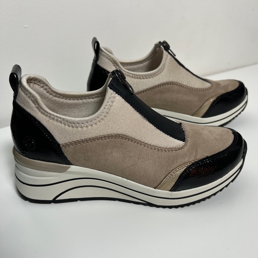 Remonte Soft Wedge Sneakers Front Zip Black Patent Beige Suede Size 36 US 6 - Picture 4 of 16